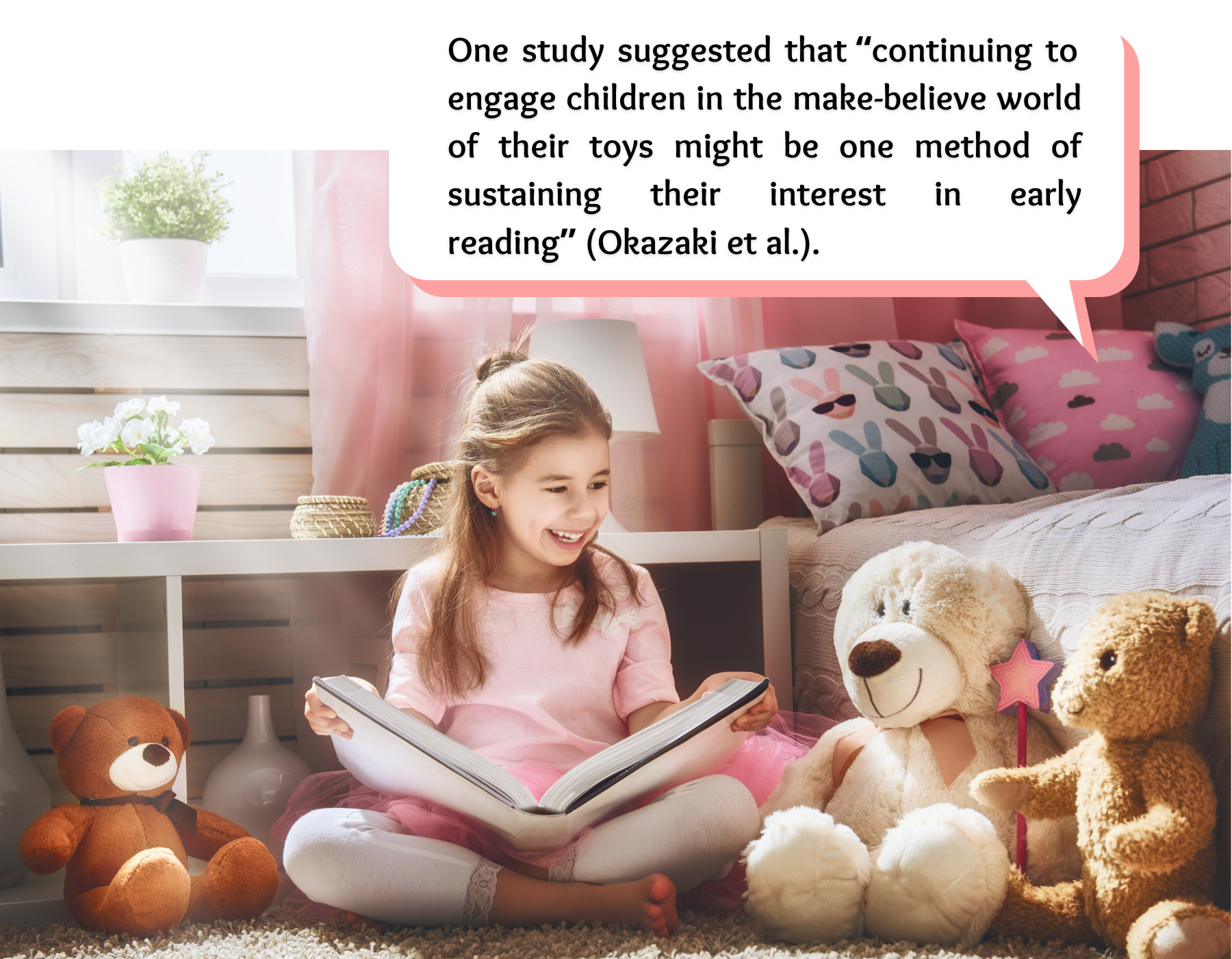 girl reading with plush animals, reading buddy a thon 