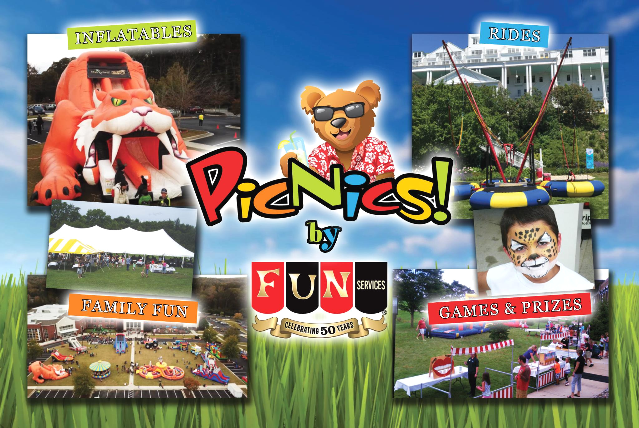 company picnics, family fun, inflatables, rides, corporate events