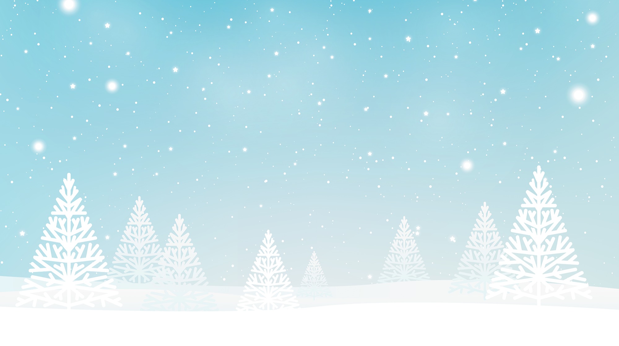 Snow-covered trees line a gentle slope under a soft blue sky