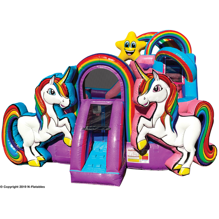 unicorn bounce house, unicorn combo unit, inflatable water slide 